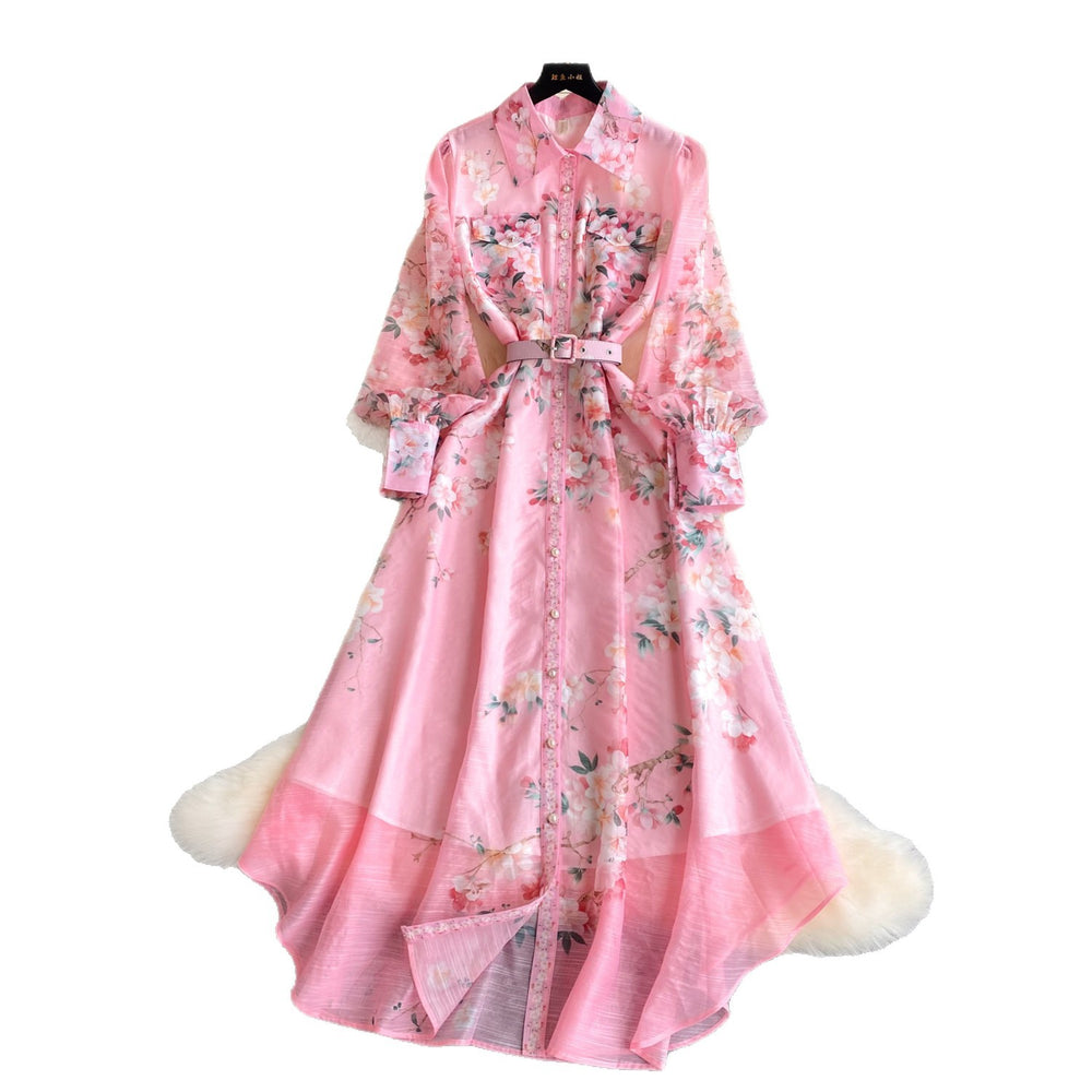 French print slim-fit hollow-out dress - women's long sleeve turn-down collar tie-waist a-line maxi dress - high-end commute style