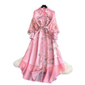 French print slim-fit hollow-out dress - women's long sleeve turn-down collar tie-waist a-line maxi dress - high-end commute style