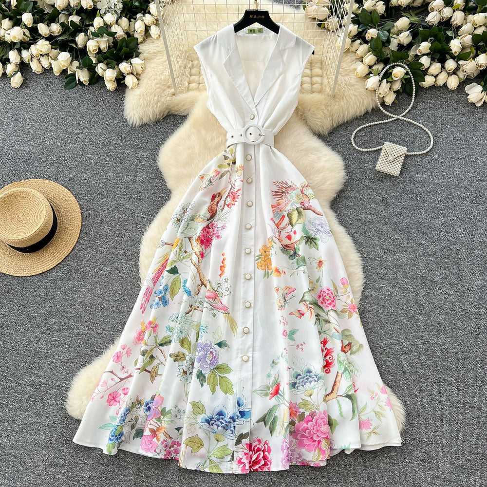 spring new arrival: french chic sleeveless a-line maxi dress with blazer collar, cinched waist, and single-breasted button detail - european & american style print
