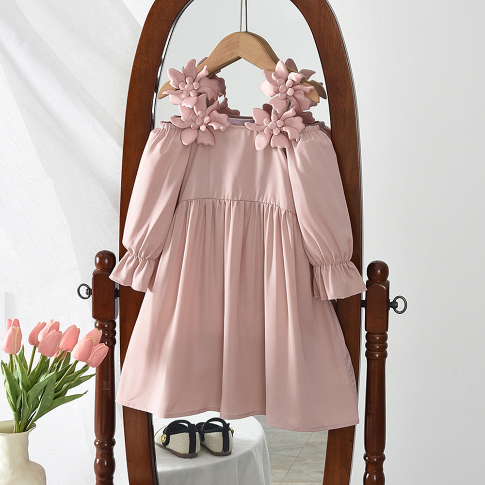 Autumgirldress cross-border foreign trade new arrivalsweet pink stereo flower suspender off-shoulder long sleevesdress