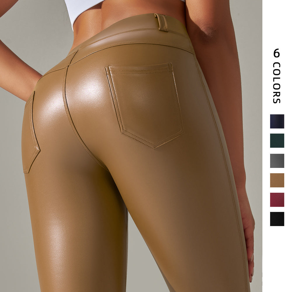 Clearance european and american  flap pocket pants pu leather pants tummy control tight body shaping high waist yoga pants plastic butt lifting nine-point pants