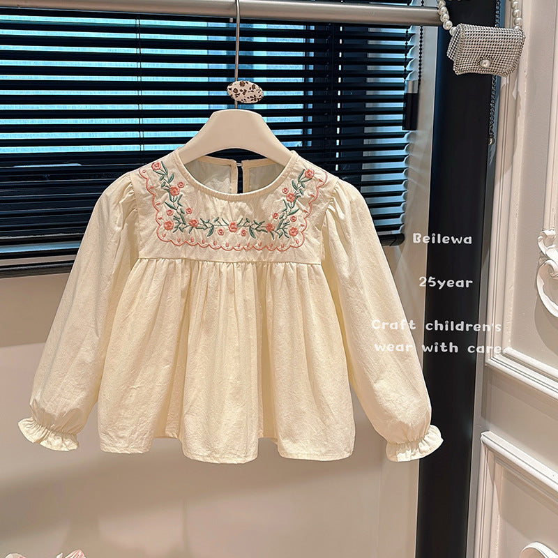Pre-order: girls' autumn embroidered floral long-sleeve shirt - korean style casual outerwear for baby girls and children
