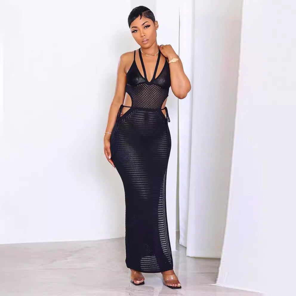 Amazon sexy women's fashion halter neck cutout knit dress - backless beach maxi dress