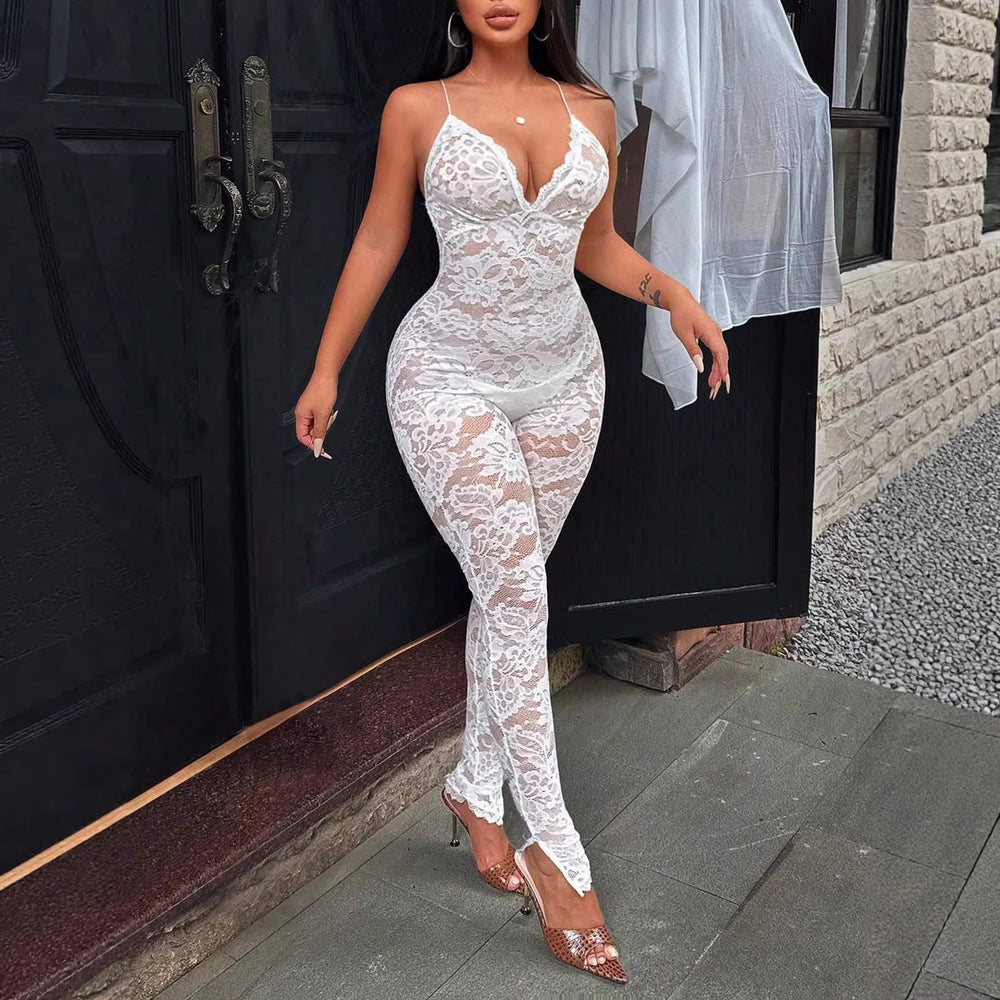Exportfashion style fashionlacev neckhaltertie backsexysexy girl jumpsuit tight