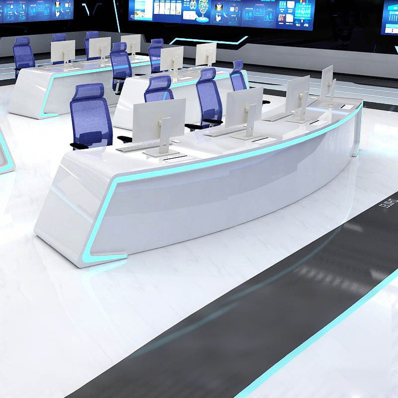 Saint li's futuristic surveillance console, command center curved control desk, central control room monitoring station, and workstation