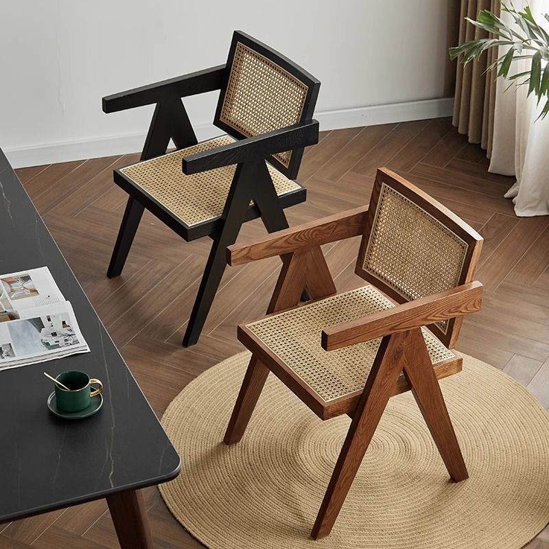 Nordic chandigarh rattan chair solid wood dining chair for home restaurant dining table chair stool armrest back chair rattan chair