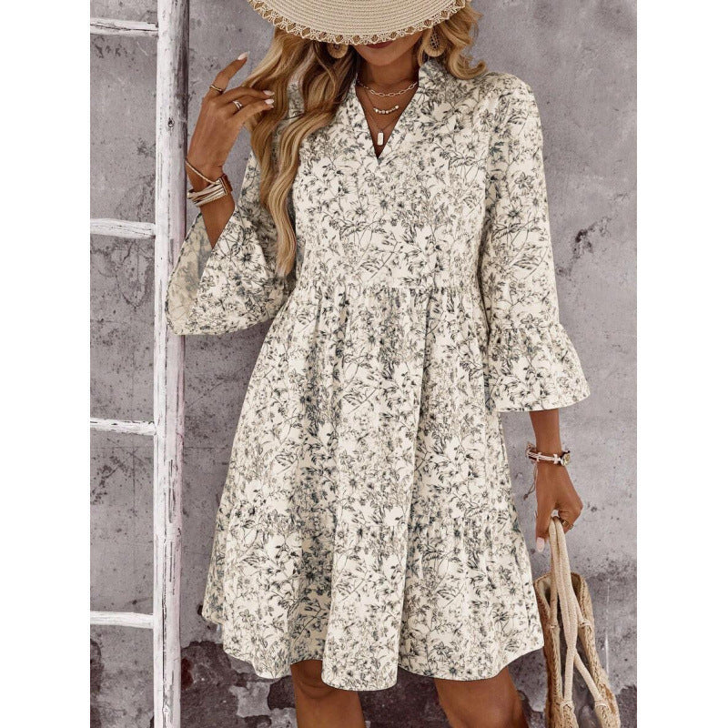 Amazon summer european style casual minimalist elegant bohemian romantic vacation v-neck dress for women