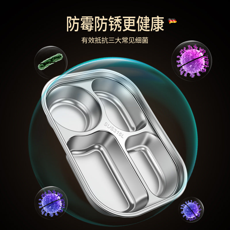 316 stainless steel grid lunch box with lid fat reduction plate fast food plate children's student plate canteen lunch box wholesale