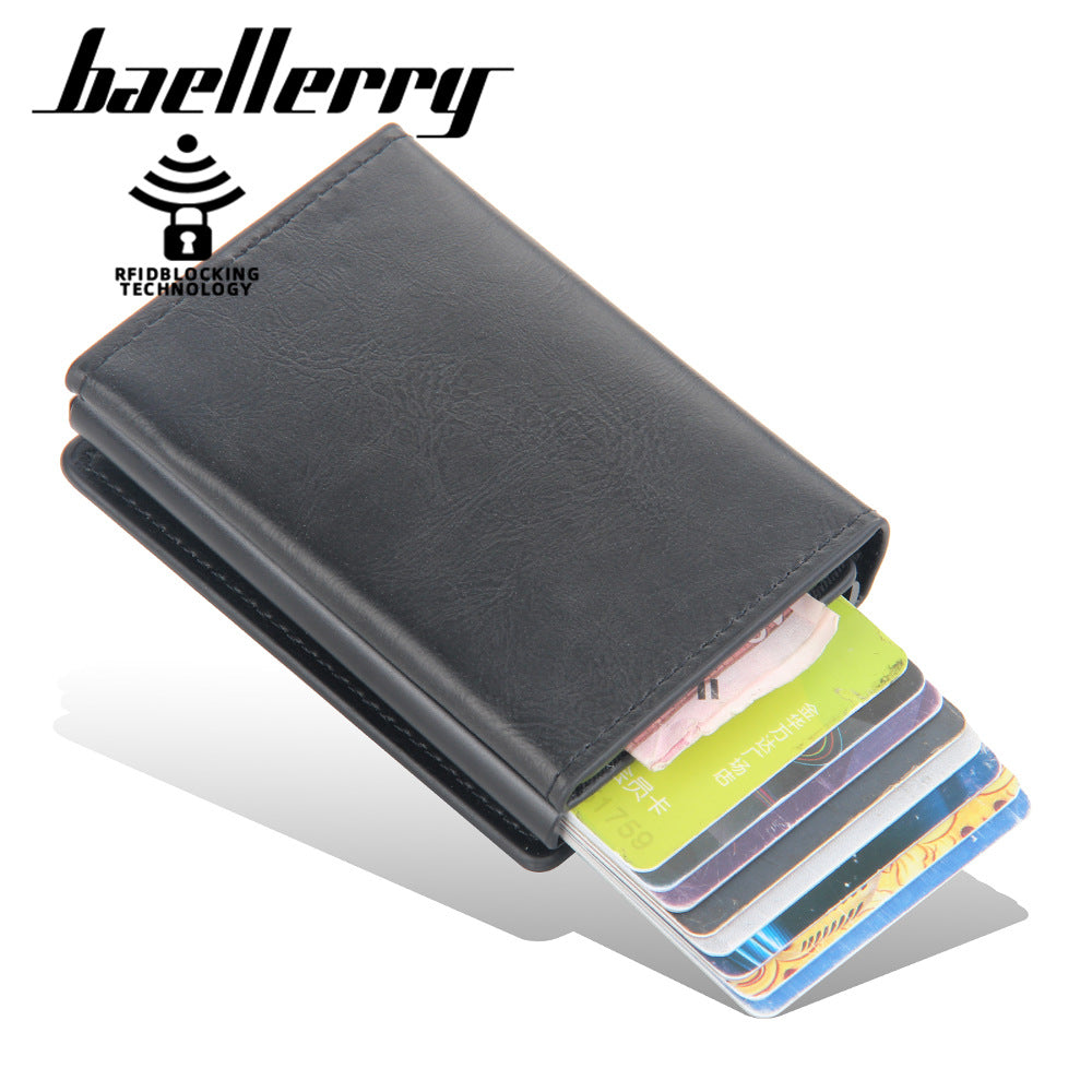 Baellerry's new men's card bag aluminum box anti-magnetic and anti-theft short automatic elastic card type high-sense card cover for men
