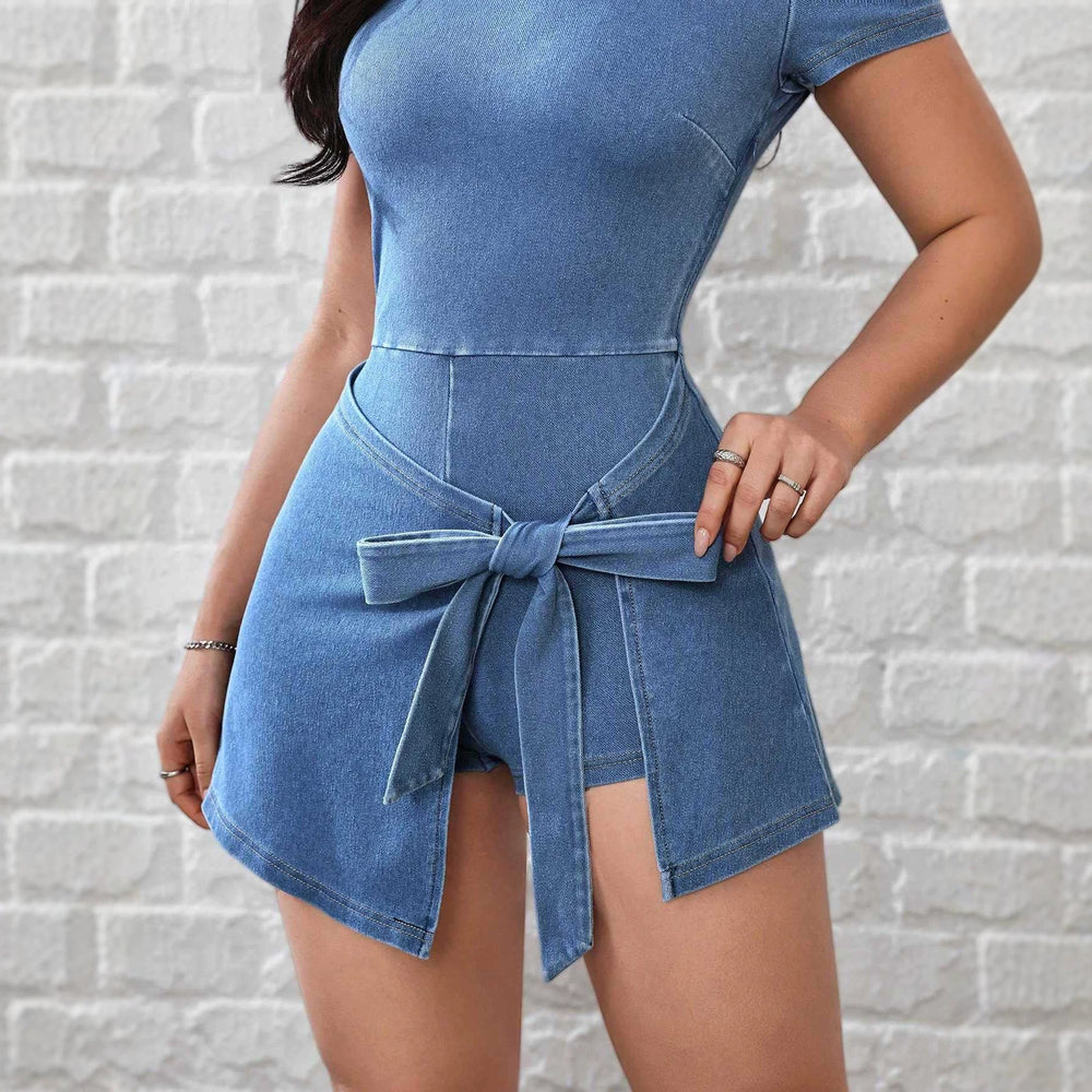 Amazon tiktok pinduoduo export cross-border fashion tie waist fake two-piece denim skirts