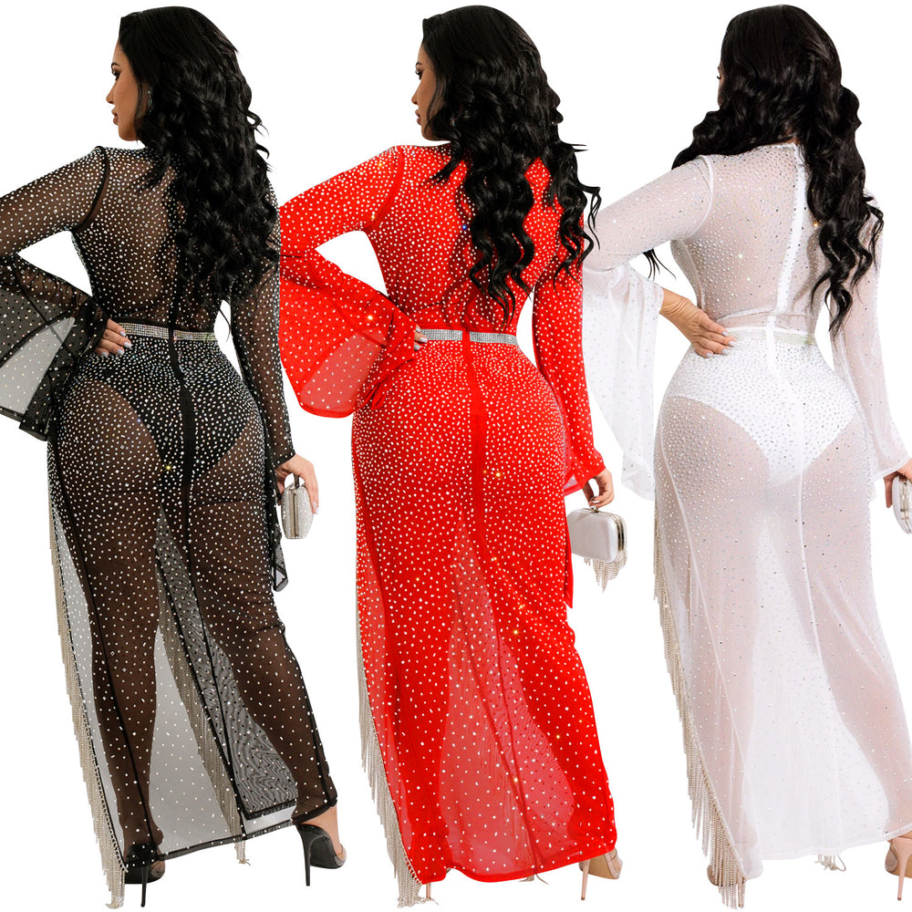 X5597  fashion sexy nightclub hot diamond deep v wide sleeves irregular slit flowing beard long skirt dress for women