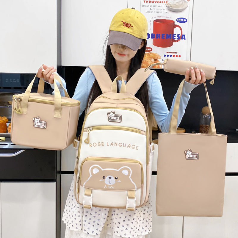 New student schoolbag cute cartoon backpack simple and lightweight large capacity backpack four-piece set for primary and secondary schools
