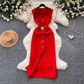 Lightly mature elegance style v neck buttoned casualdress women's summer red waist elegance mid-length a-line skirt work clothing