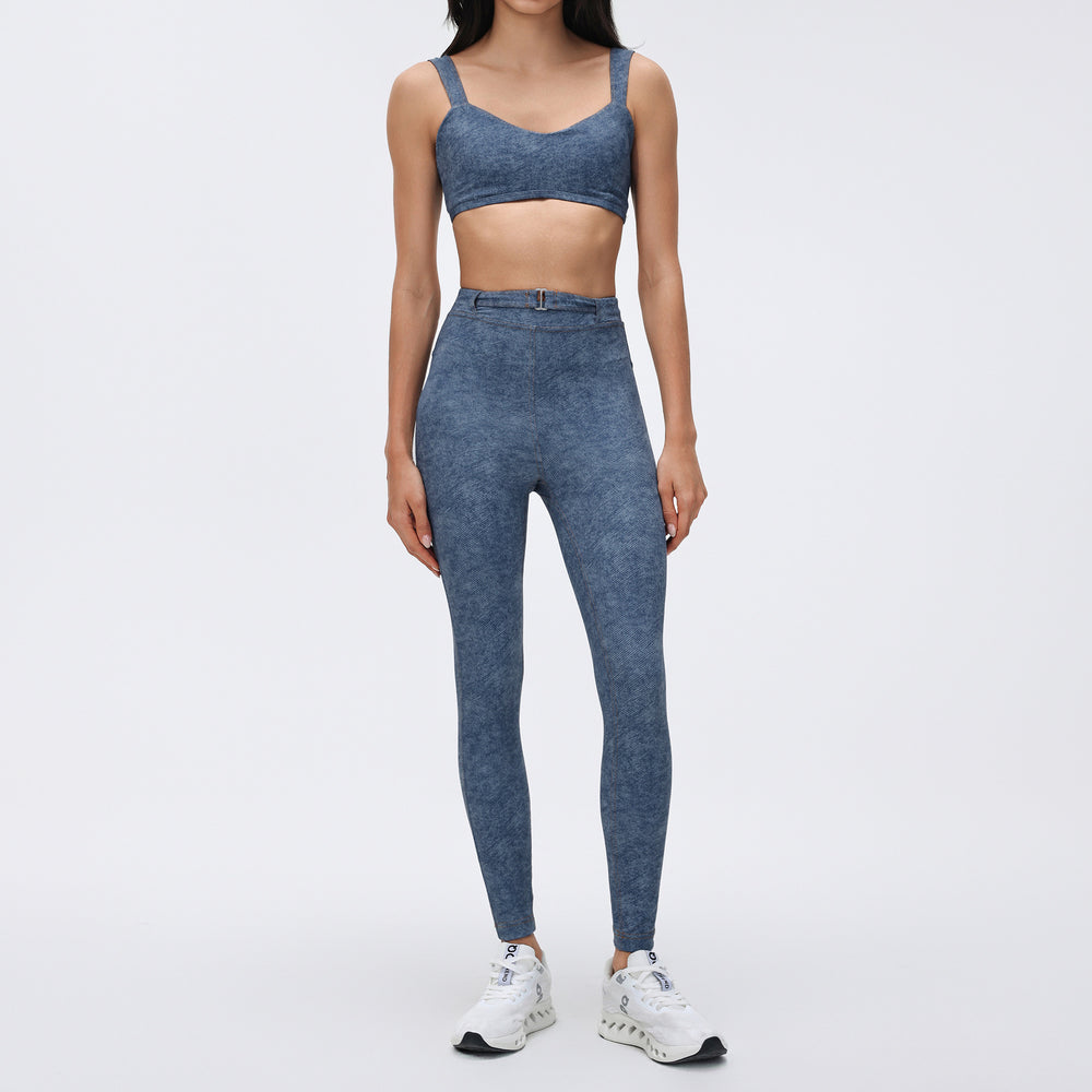 Vintage denim style sports bra high waist tight stretch running training fitness pants sports yoga suit women