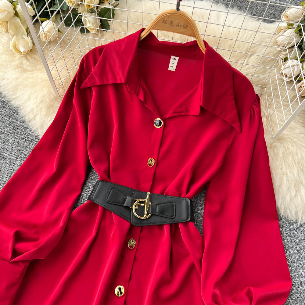 Unique petite tie-waist dress - autumn women's high-end, stunning, elegant long-sleeve white shirt dress