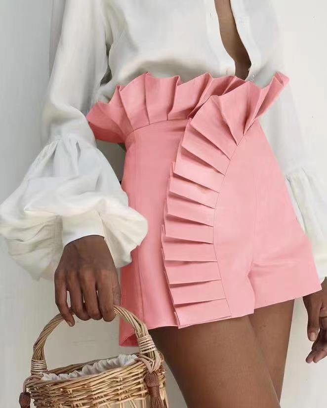 fashion new european and american style women's solid color pleated lace design high waist casual shorts