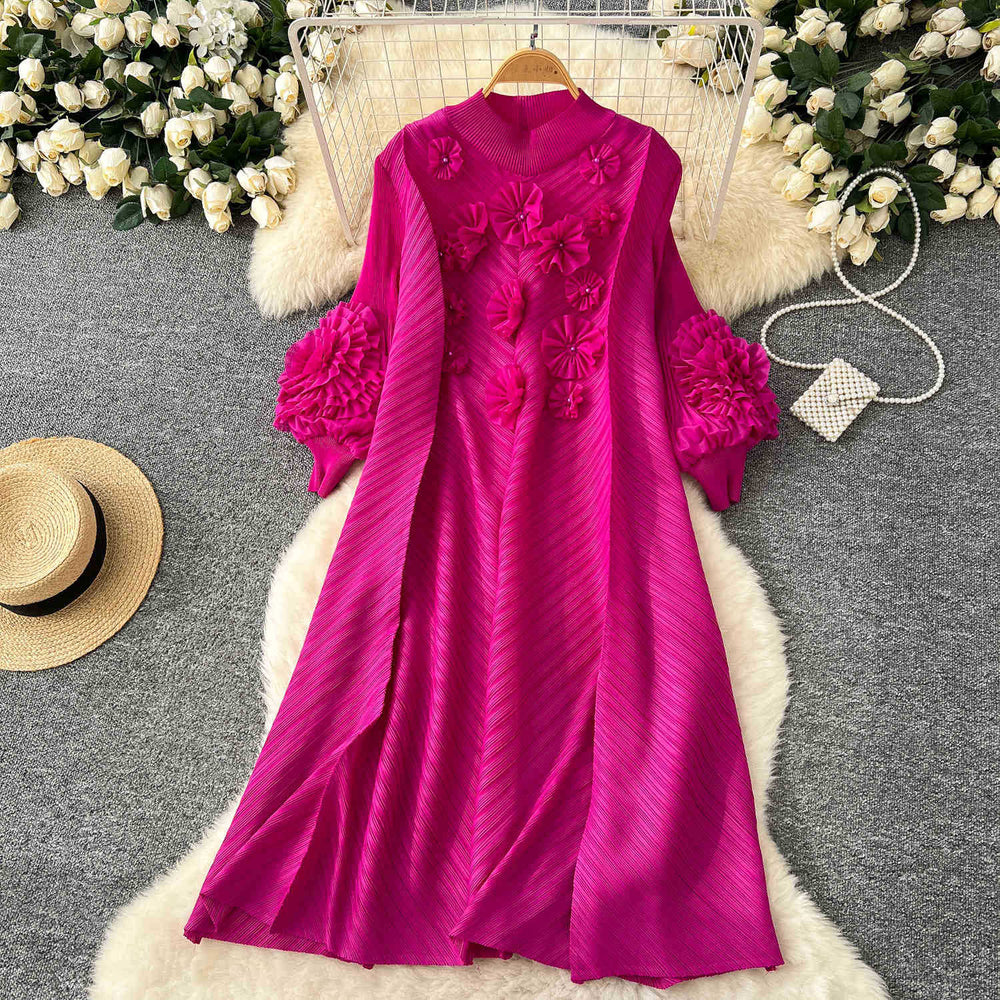 Miya pleated dress - spring  collection: high-end beaded, 3d floral, lantern sleeve, loose fit, pleated maxi dress