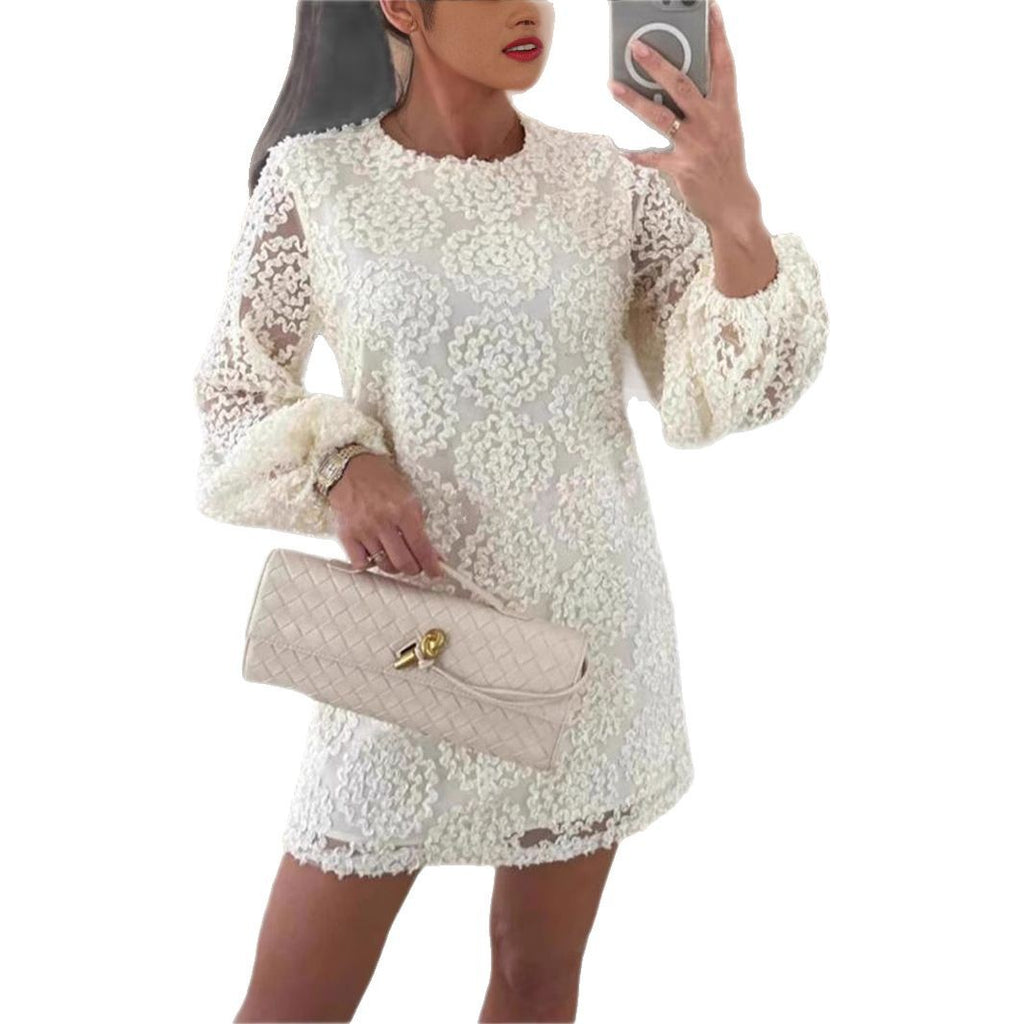 2025 European and American  new love attention lace textured fabric balloon sleeves loose mini dress