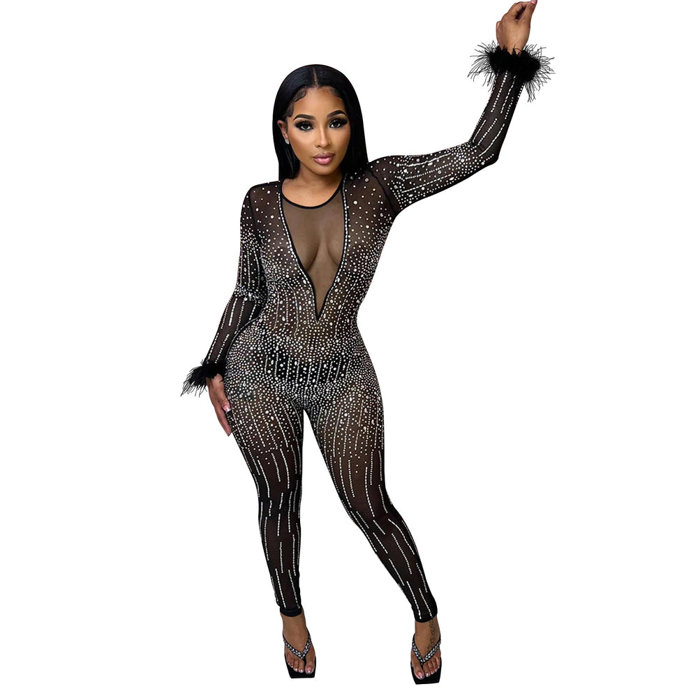 C6200   fashion women's mesh rhinestone v-neck long sleeve feather long jumpsuit