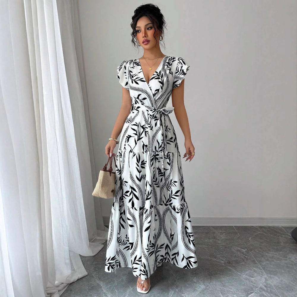 spring/summer  new arrival: printed ruffle trim v-neck sexy slim-fit long dress/gown