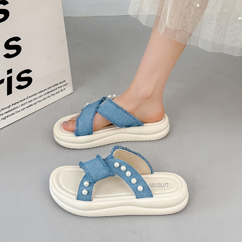 Thick sole denim pearl cross strap slippers women's summernew arrivalniche style design fashioneasiest for matchoutwear women's one-line slippers