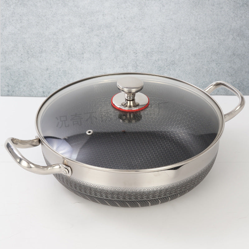double-ear frying pan, deepened stainless steel flat bottomfor home pancake baking pan, induction cooker, gas honeycomb non-stick pan