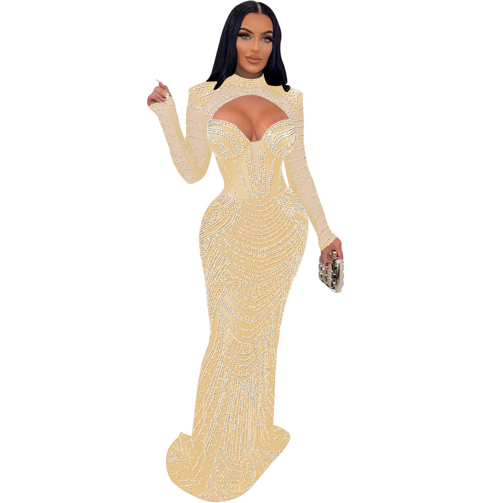 C6170 cross-border   fashion women's solid color hotfix rhinestone mesh long sleeve v-neck dress