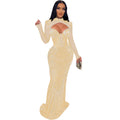 C6170 cross-border   fashion women's solid color hotfix rhinestone mesh long sleeve v-neck dress