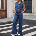 Fashion cross-border fashion  new arrival washed denim button lapel flap pocket pantstopsstraight-legpantstwo-piece set