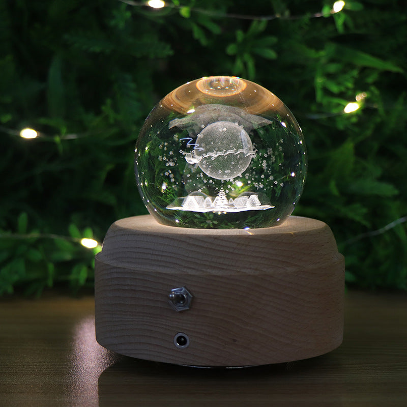ins girl bedside lamp music box crystal ball wooden base music box charging luminous rotating music box