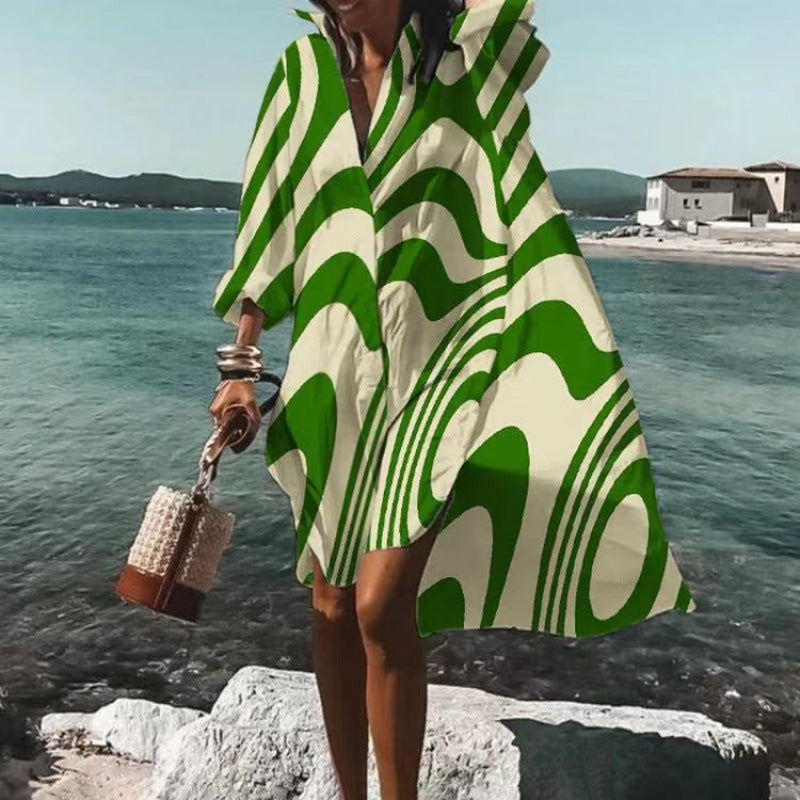 exportfashionplus size women's loosenew arrivaldigital printinglong sleeves lapel shirtdress