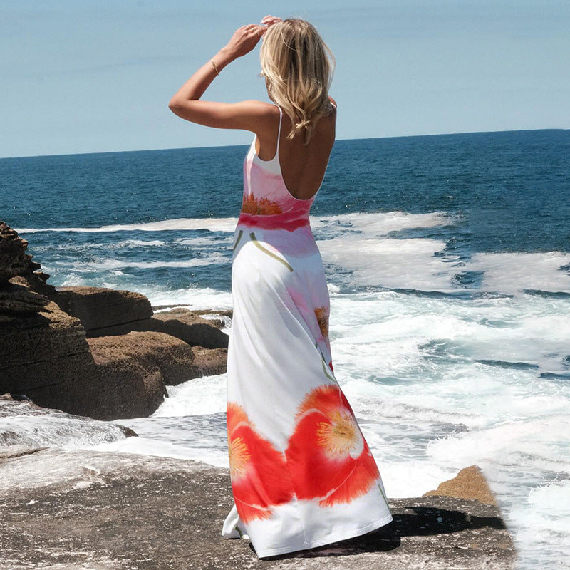 Summer European and American holiday style printing temperament long dress big flower contrasting color suspender backless A-word dress beach dress