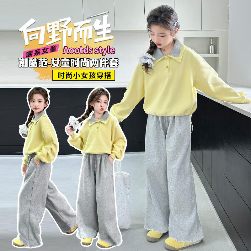 Girls'  spring/autumn new arrival: versatile casual loose-fit sweatpants set - two-piece outfit with floor-length straight-leg pants