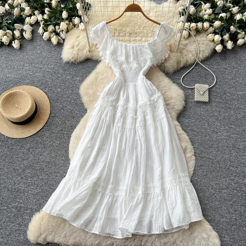 French romantic yellow dress - women's summer sleeveless lace trim off-the-shoulder a-line dress with cinched waist