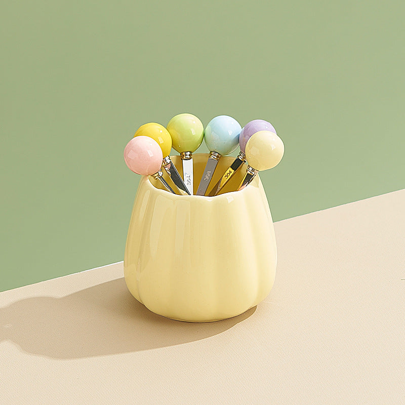 Dopamine color mixing stainless steel fruit forks, high-value afternoon tea dessert fork and spoon set with ceramic storage jar