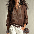 Plus size vintage ethnic style shirt - half button, printed, long sleeve, loose fit, flattering, versatile women's casual top