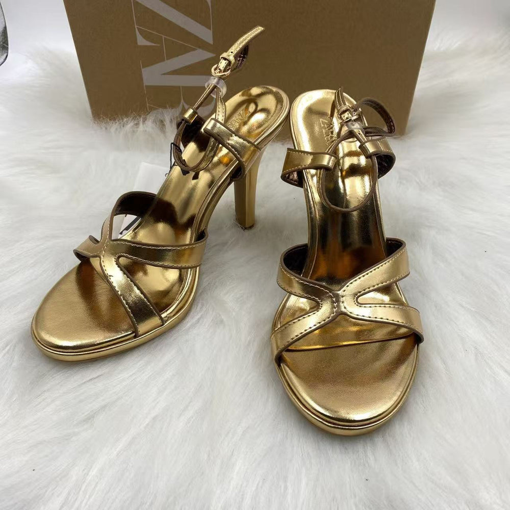 Za2025 new round-toe metal buckle low-cut stiletto heel slip-on elegant european and american style