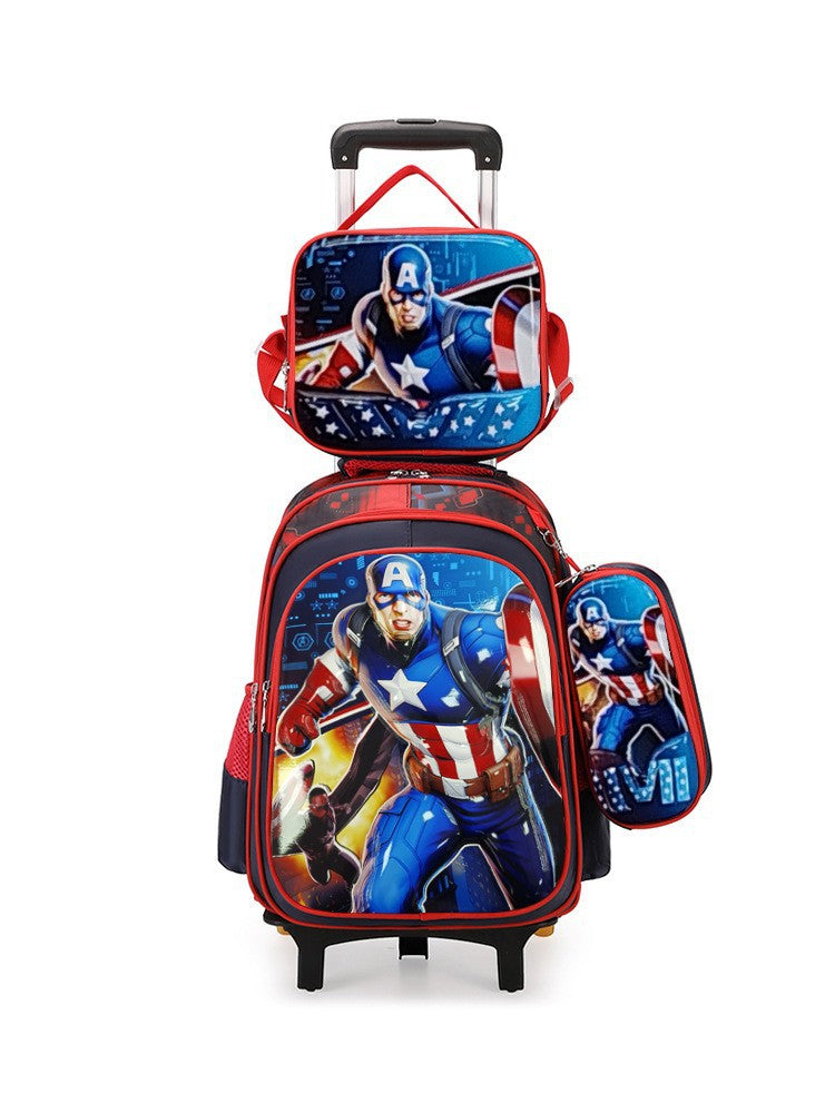 New arrival concave and convex leather primary school student pull rod school bag for grades 3 to 6 kids cartoon three-piece set backpack in stock