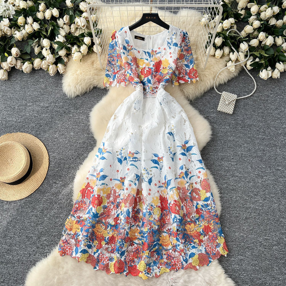French high-end women's dress - summer  collection: slimming, elegant, and fashionable printed hollow-out crochet lace dress