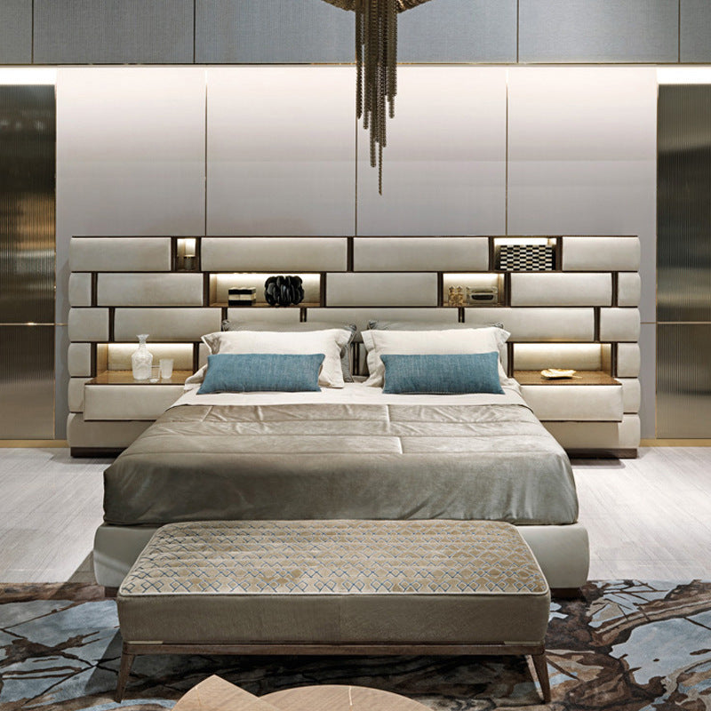 Italian designer wide-screen bed - modern luxury double bed for master bedroom, perfect for villas and large apartments - premium matte leather finish