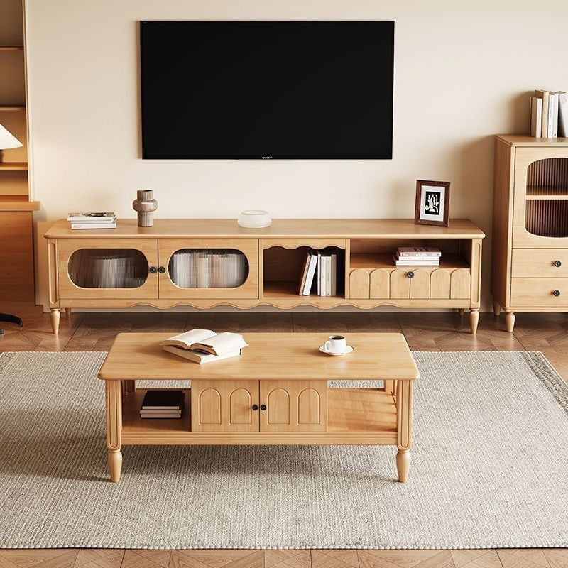 Retro solid wood TV cabinet coffee table combination living room home French antique storage TV cabinet