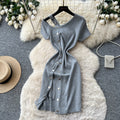 K-stylesexyv neck short-sleeved metal button knittingdress women's summer oblique shoulder slimming look silmelegant hip skirt