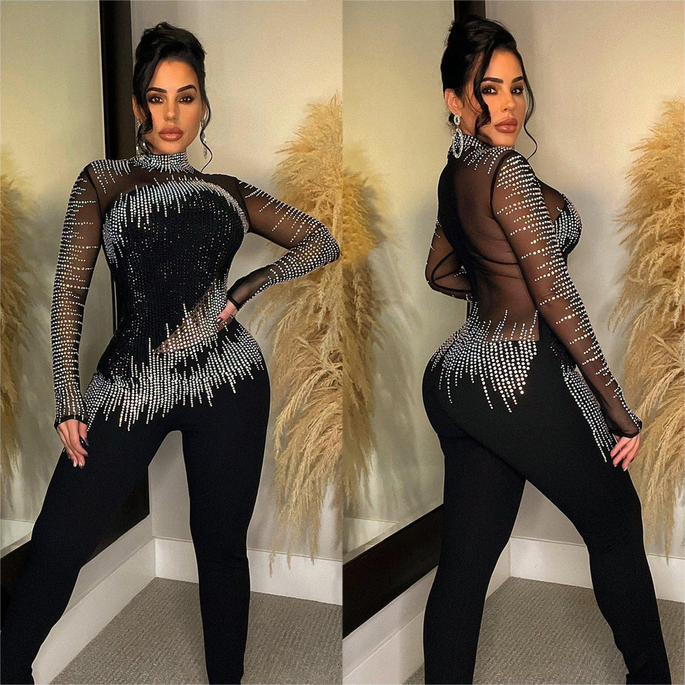 C6226 cross-border   fashion women's solid color mesh rhinestone long sleeve pants jumpsuit