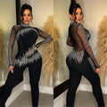 C6226 cross-border   fashion women's solid color mesh rhinestone long sleeve pants jumpsuit
