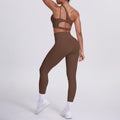 fashion double-sided brocade brushed single oblique shoulder yoga suit sports running fitness flap pocket pants pants two-piece set