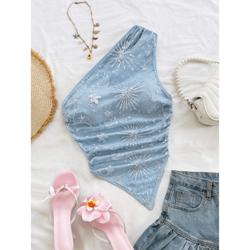 Women's new summer romantic vacation sequin embroidered fabric asymmetrical hem top tank top