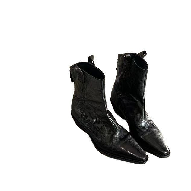 Grape mom's same style washed horse leather square toe thin boots women's thick heel short boots fall and winter stylethick sole small ankle boots for women