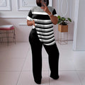 [hot-selling foreign trade model] fashion style large size contrasting stripesd short-sleeved fashion suit with burgundy wide-leg pants