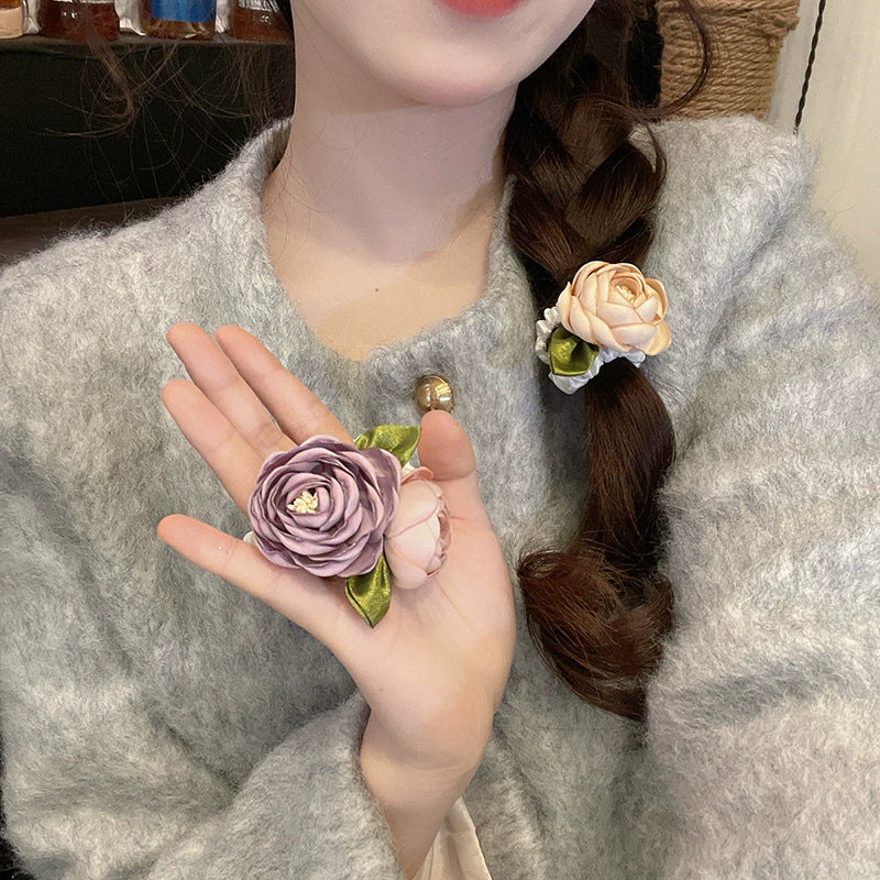 Beautiful camellia hair tie for girls, side braided hair accessories, low ponytail hair tie, leather headband