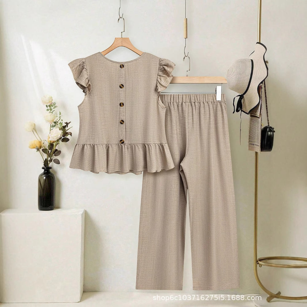 European and american cross-border women's short-sleeve set:  summer new arrival - stylish flutter sleeve top and wide-leg pants two-piece set